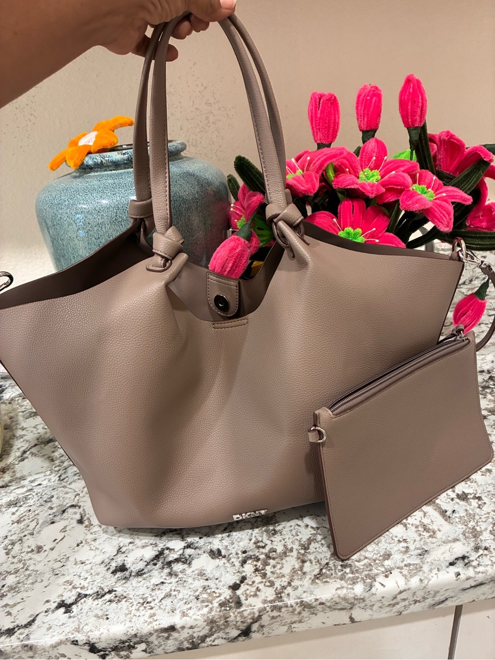 DKNY Taupe Pebbled Leather Tote with Wristlet